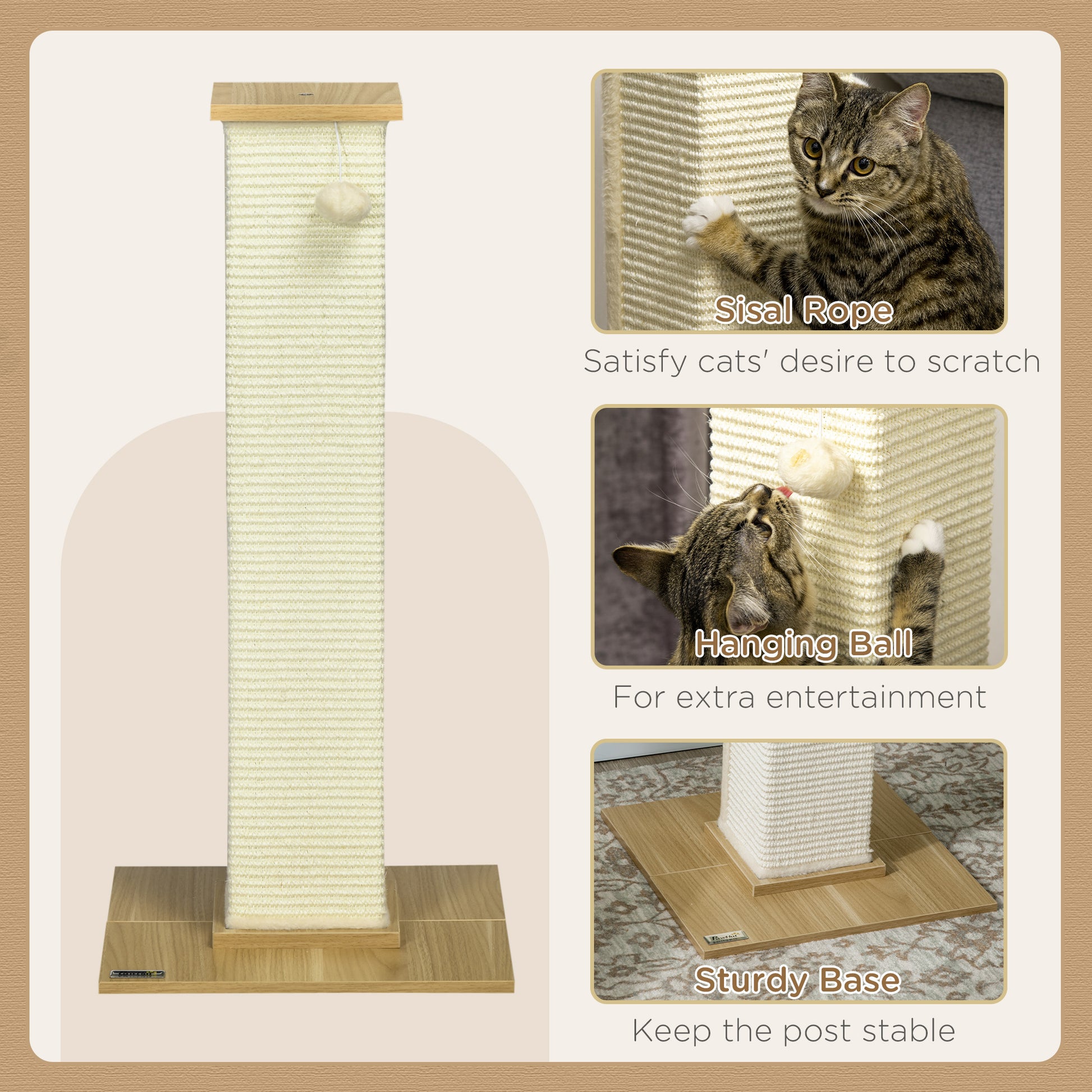 PawHut 80 cm Scratching Post Cat Tree with Play Ball, Scratching Post Made of Sisal Rope