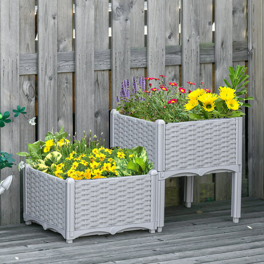 outsunny-40cm-x-40cm-x-44cm-set-of-2-garden-raised-bed-elevated-patio-flower-plant-planter-box-pp-vegetables-planting-container-grey