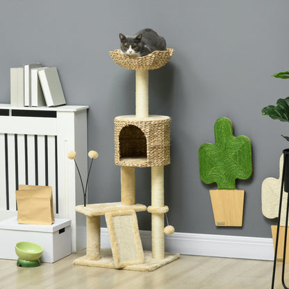 PawHut Cat Tree Tower with Scratching Post, Cat House, Bed, Toy Ball, Platform - Beige