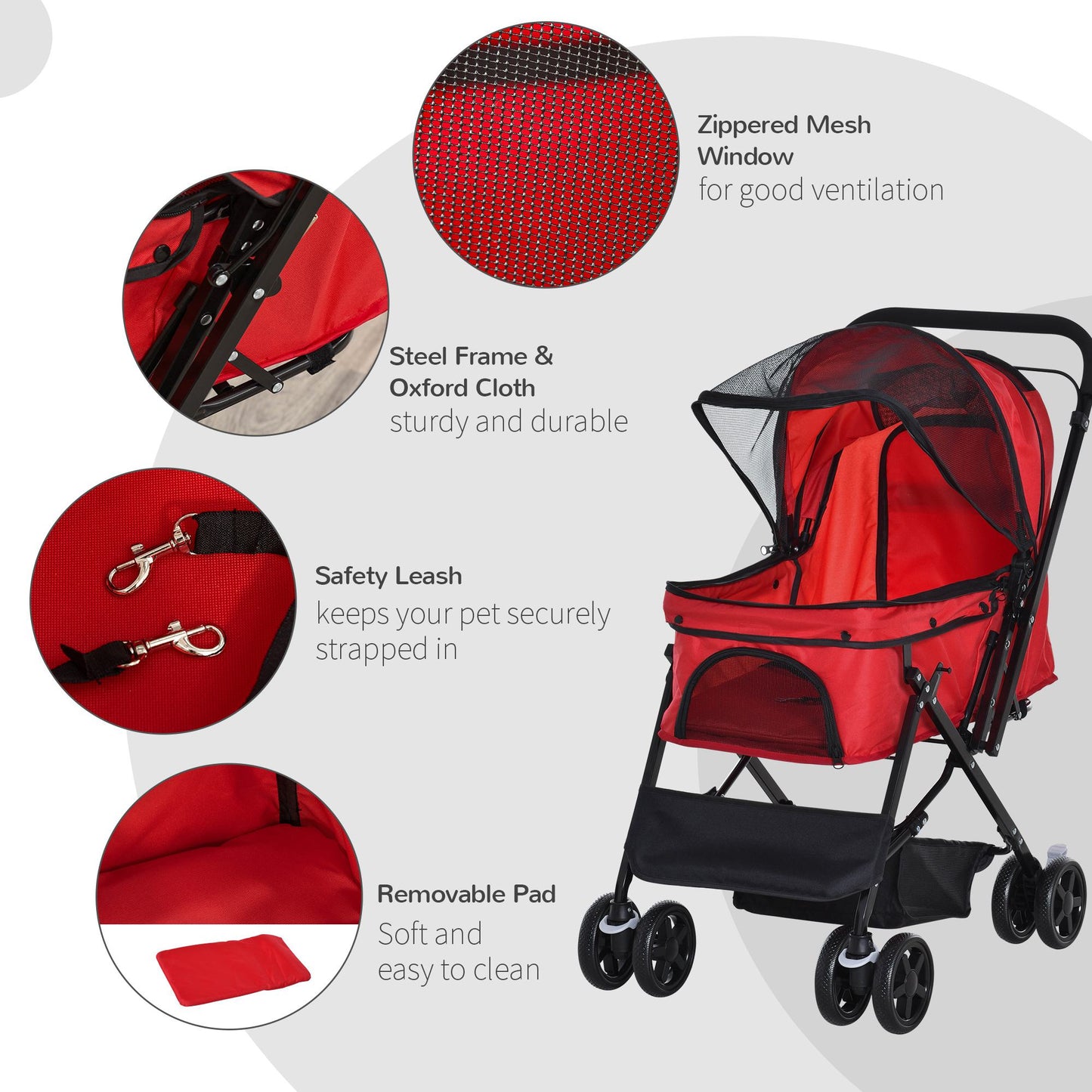 PawHut Pet Stroller Dog Travel Pushchair Foldable Jogger with Reversible Handle EVA Wheel Brake Basket Adjustable Canopy Safety Leash Red