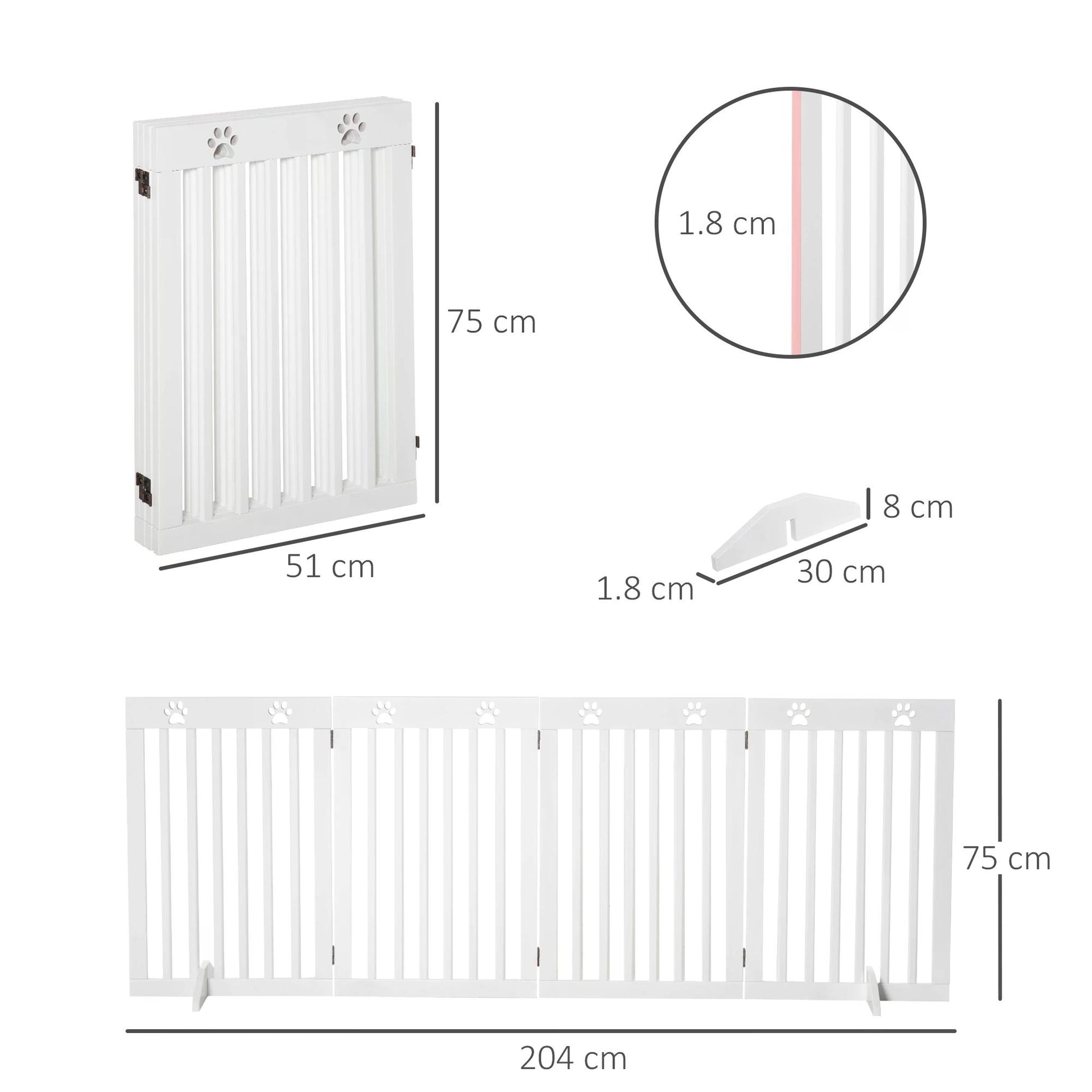 PawHut Pet Gate 4 Panel Wooden Foldable Fence Freestanding Dog Safety Barrier with 2 Support Feet for Doorways Stairs 80'' x 30'' White