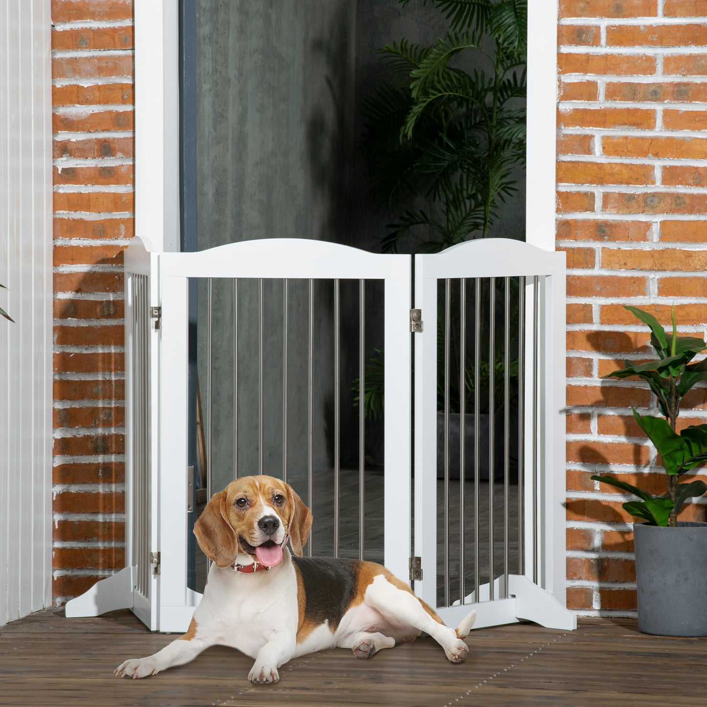 PawHut Foldable Dog Gate, Wooden Freestanding Pet Gate with 2 Support Feet, Dog Barrier for Doorways, Stairs, Halls - White