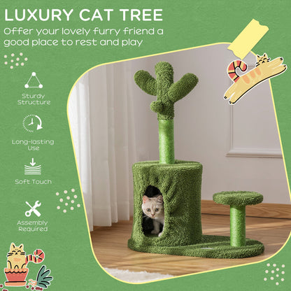 PawHut Cat Tree Tower Cactus Shape with Scratching Post Condo Perch Dangling Ball Kitten Toy Play House Activity Center