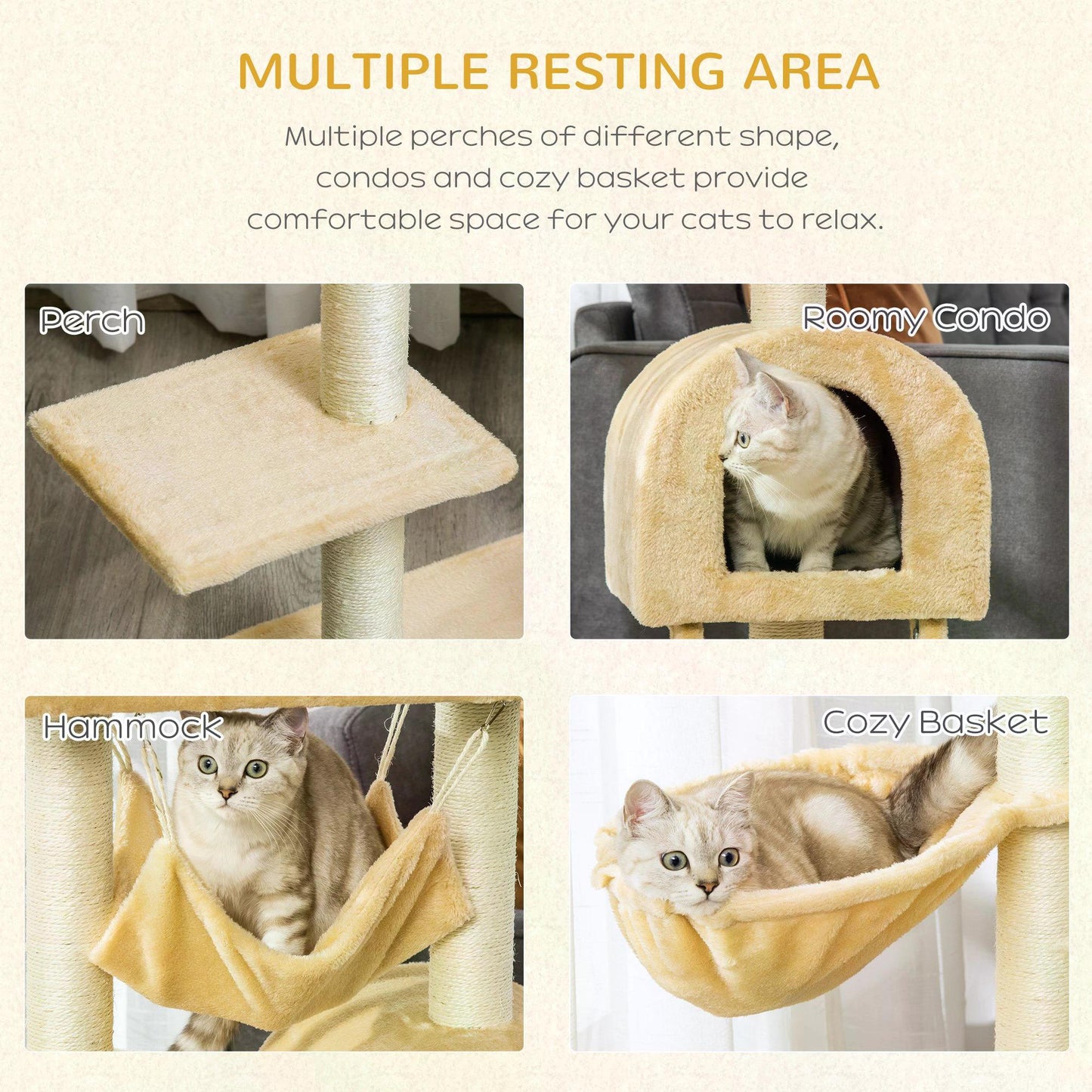 PawHut Cat Tree Tower Kitten Activity Centre Scratching Post w/ Hammock Condo Bed Basket Ladder 98 cm, Beige