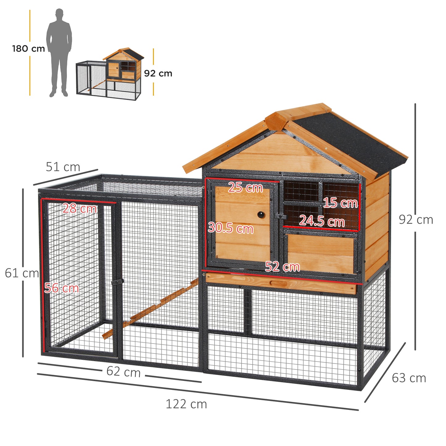 PawHut Wood-metal Rabbit Hutch Elevated Pet Bunny House Rabbit Cage with Slide-Out Tray Outdoor