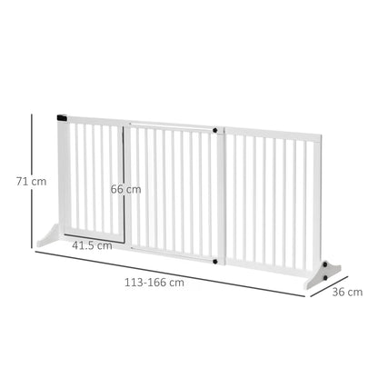 PawHut Adjustable Wooden Pet Gate Freestanding Dog Barrier Fence Doorway 3 Panels Safety Gate w/ Lockable Door White 71H x 113-166W cm