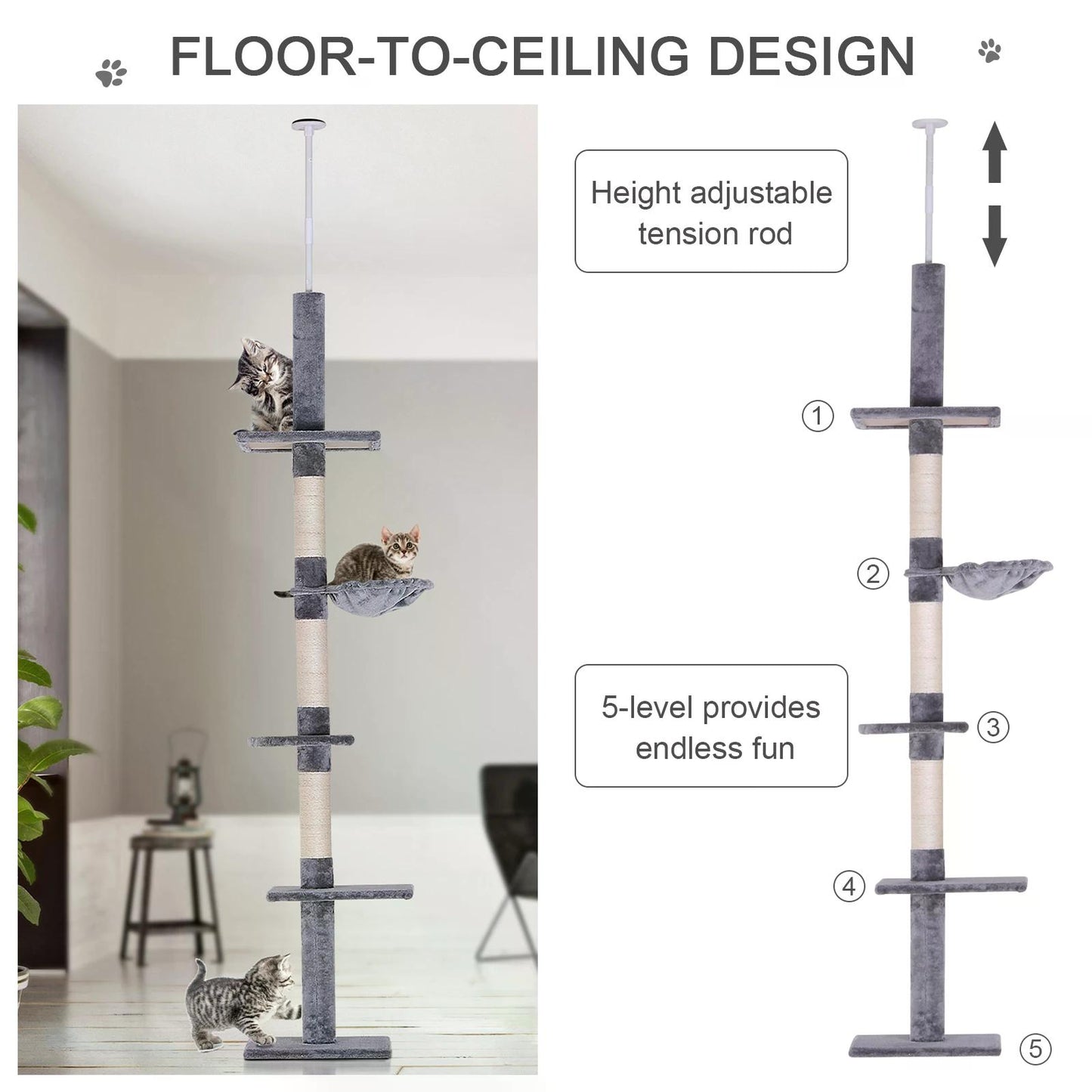 PawHut Cats Floor to Ceiling Scratching Post w/ 5-Tier Plush Leisure Platforms Grey