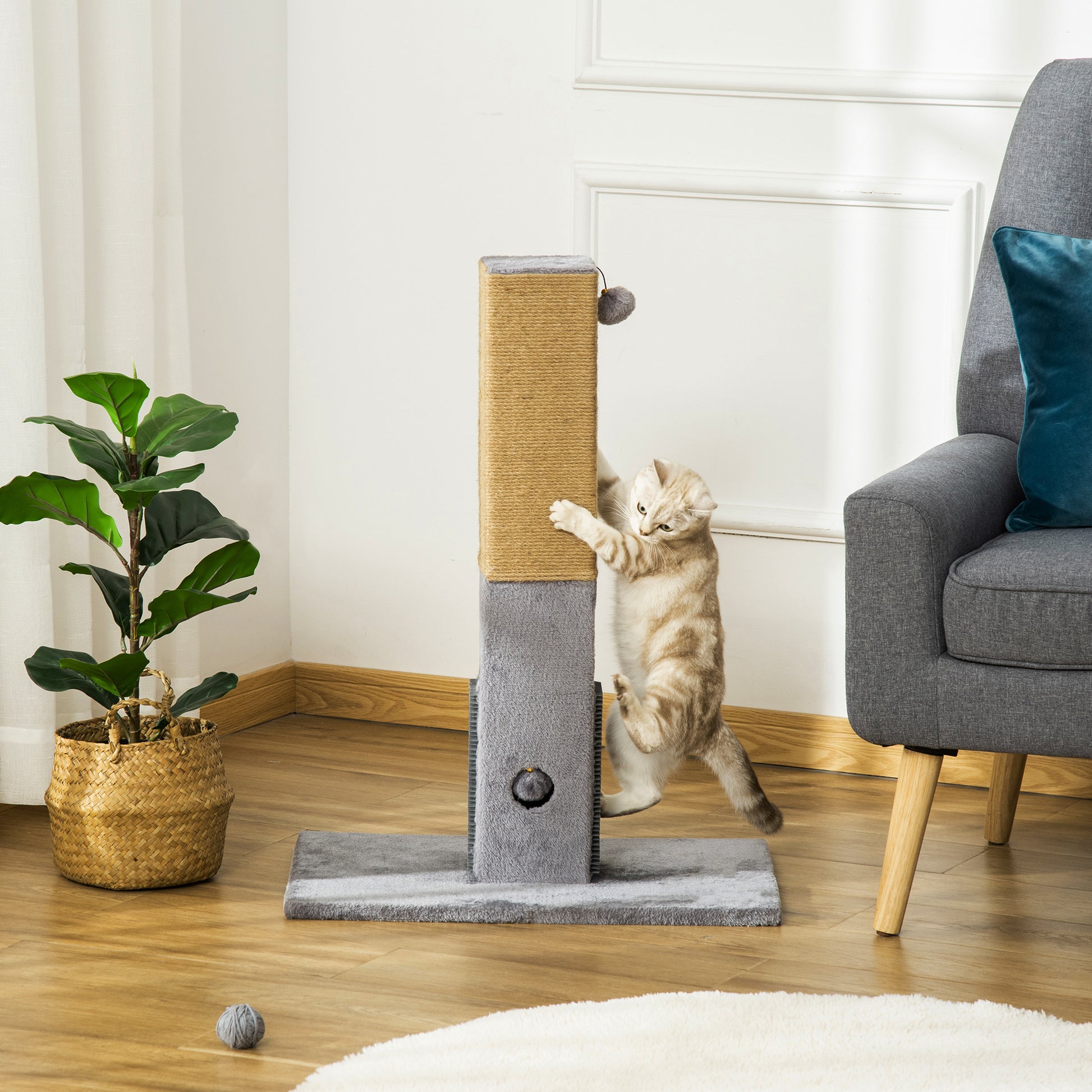 PawHut Cat Scratching Post, 79cm Tall Jute Scratcher Climber, Cat Tree Activity Center with Carpet Base, Dangling Ball, Grey