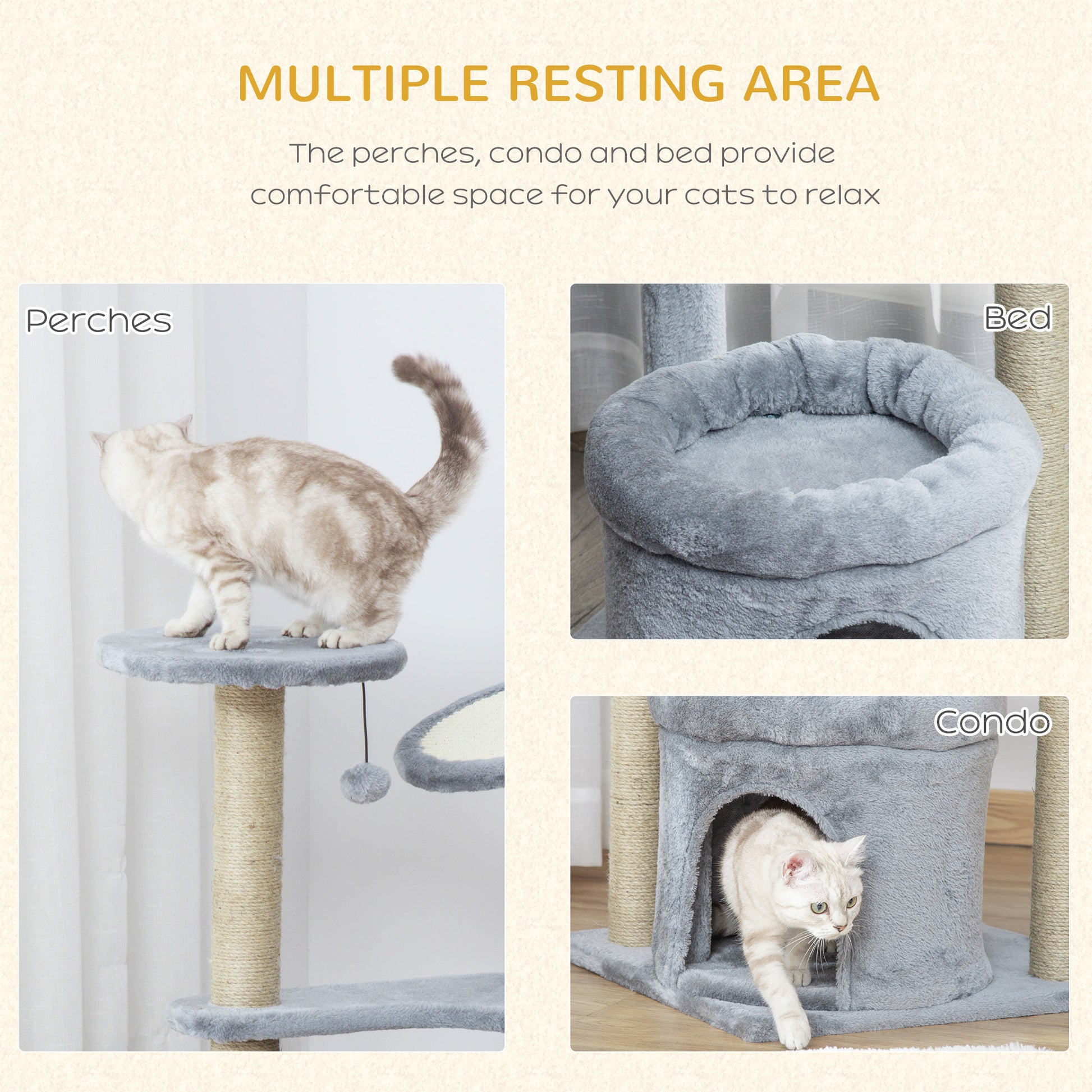 PawHut Cat Tree Tower Kitten Activity Center Scratching Post with Condo Bed Scratcher Perch Ball Toy Grey