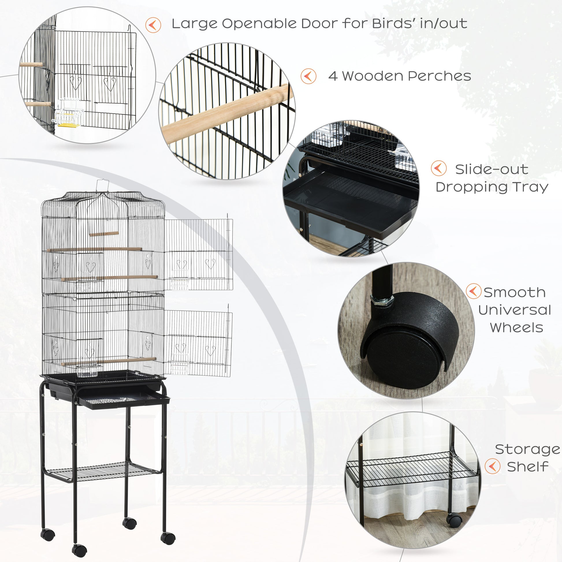 PawHut Bird Cage Budgie Cages for Finch Canary Parakeet with Stand Wheels Slide-out Tray Accessories Storage Shelf, Black 36 x 46.5 x 157 cm