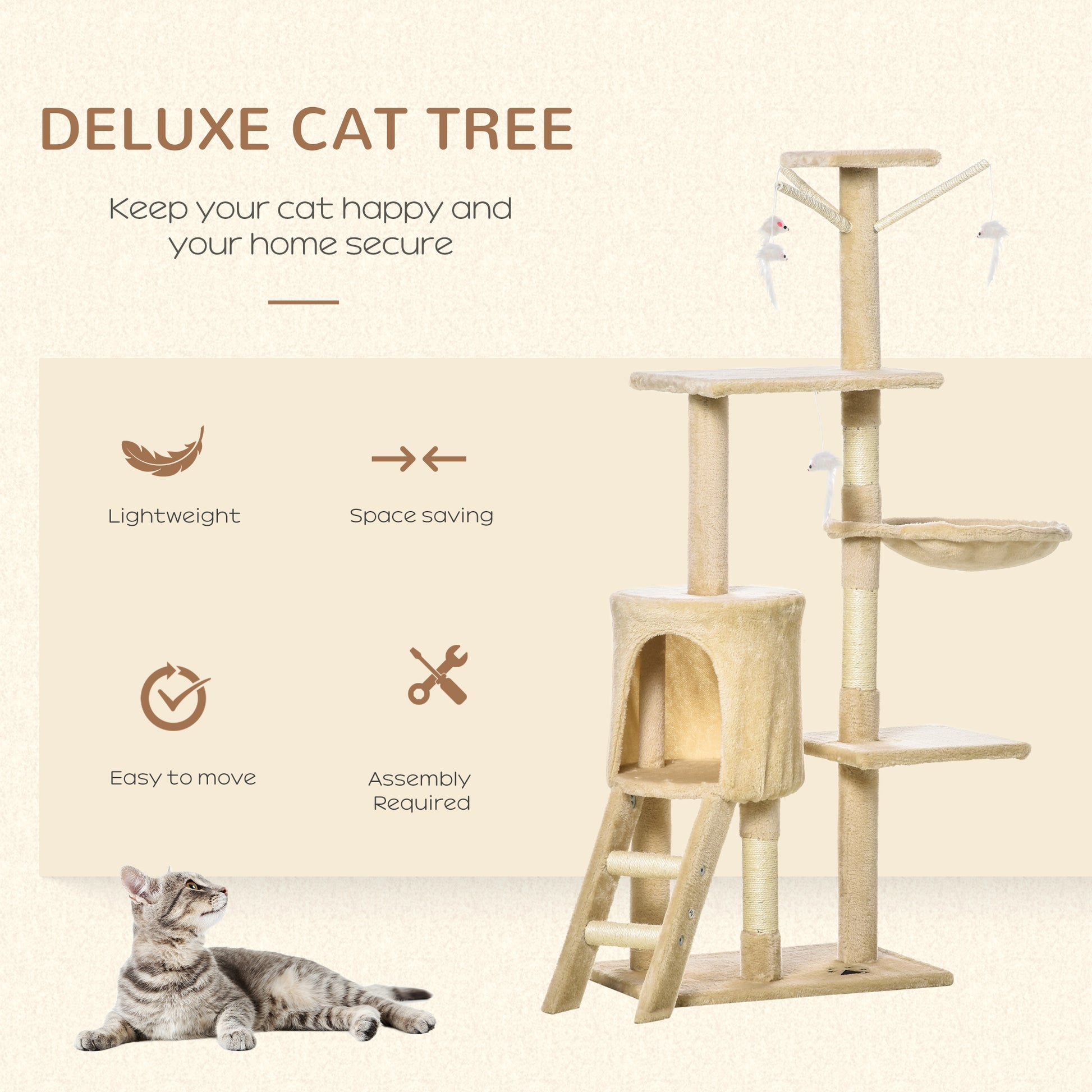 PawHut Cat Tree House, 131H cm-Beige