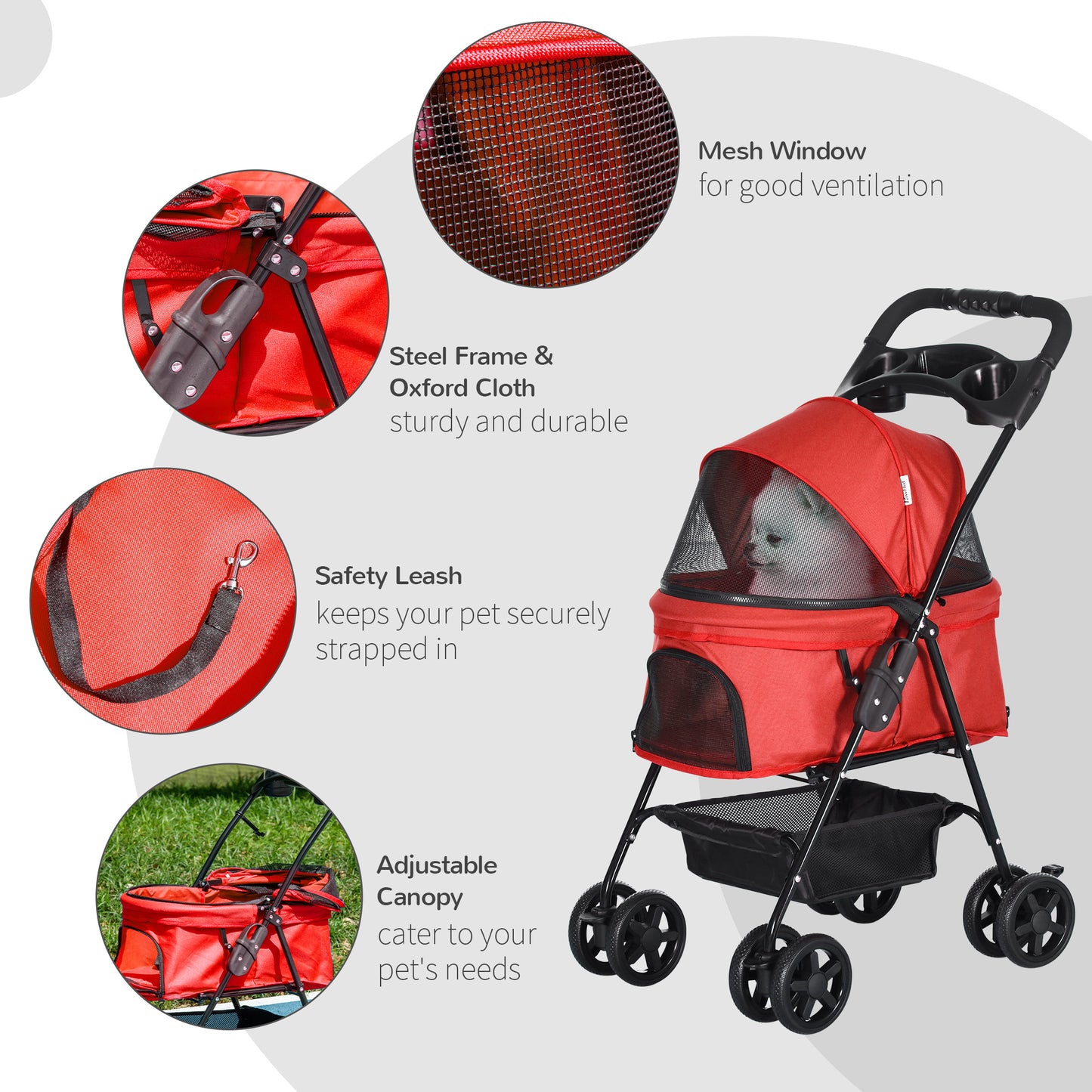 PawHut Pet Stroller No-Zip Dog Cat Travel Pushchair Fold Trolley Jogger with EVA Wheels Brake Basket Adjustable Canopy Safety Leash Red