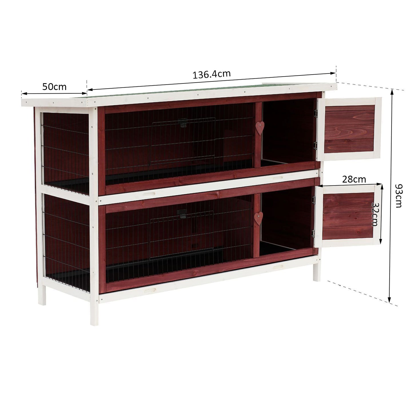 Pawhut Two-Tier Rabbit Hutch, 136.4Lx50Wx93H cm-Brown/White