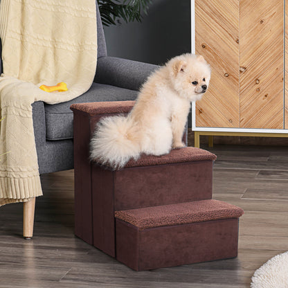 PawHut 3 Step Pet Stairs Foldable Portable Mobility Assistance w/ Washable Fleece Cover 41x19cm Brown