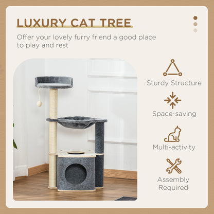 PawHut Cat Tree Cat Tower 95cm Climbing Kitten Activity Center with Sisal Scratching Post Perch Roomy Condo Hammock, Grey