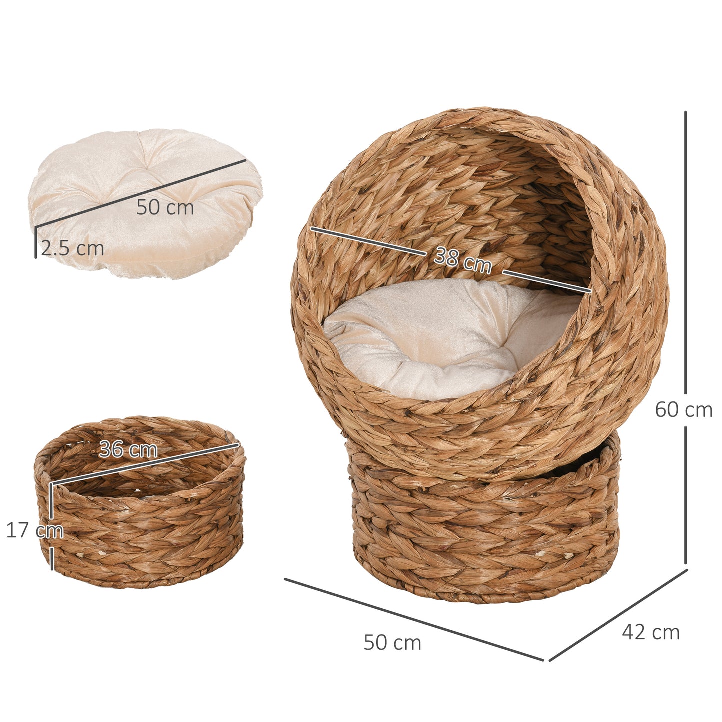 PawHut Wicker Cat Bed, Raised Rattan Cat Basket with Cylindrical Base, Soft Washable Cushion, Brown, 50 x 42 x 60 cm