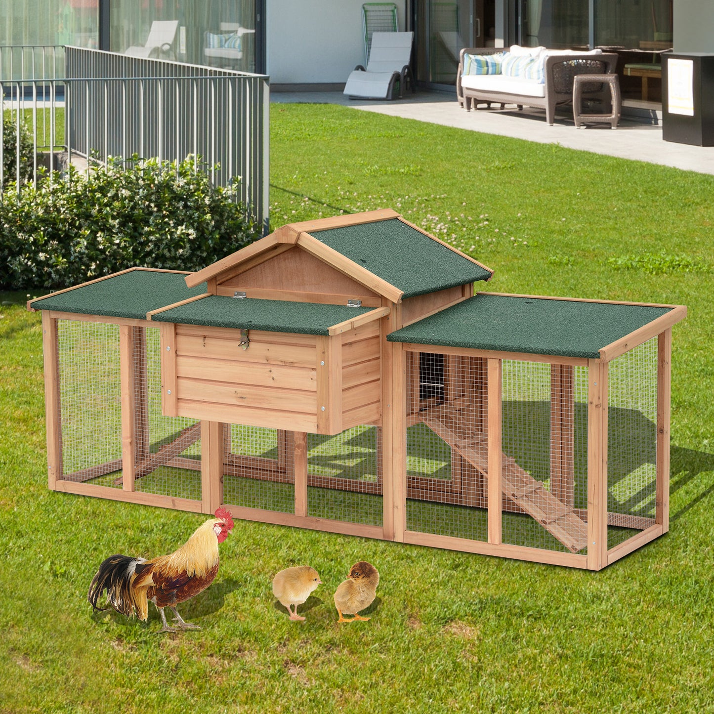 PawHut Wooden Chicken Coop Backyard Hen Cage House Poultry with Comfortable Nesting Box & Fun Outdoor Run 204 x 85 x 93cm