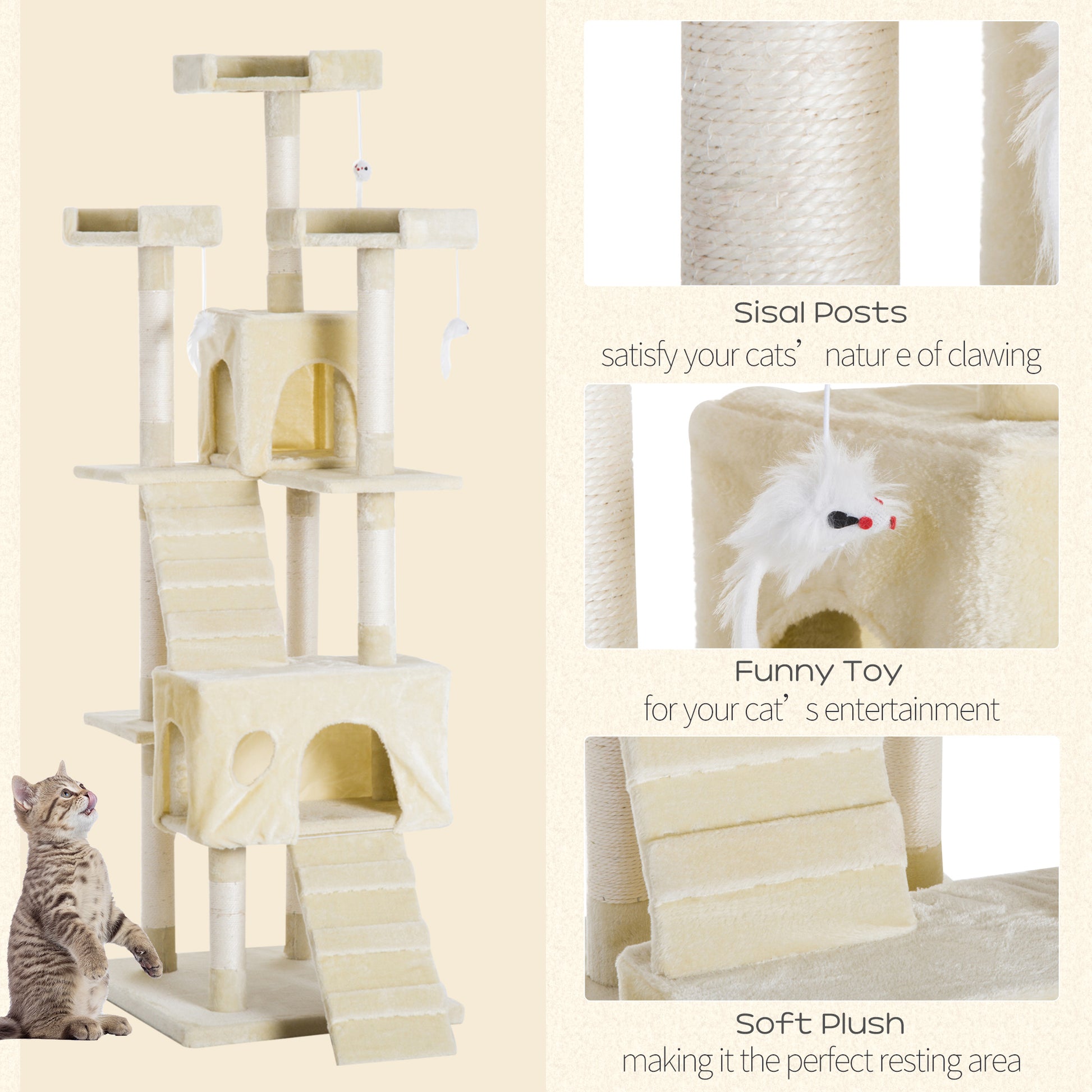 PawHut Cat Tower Centre Sisal Kitten Tree Scratch Scratcher Scratching Post Toy Climbing Tree Bed Multi Level 181cm(H)