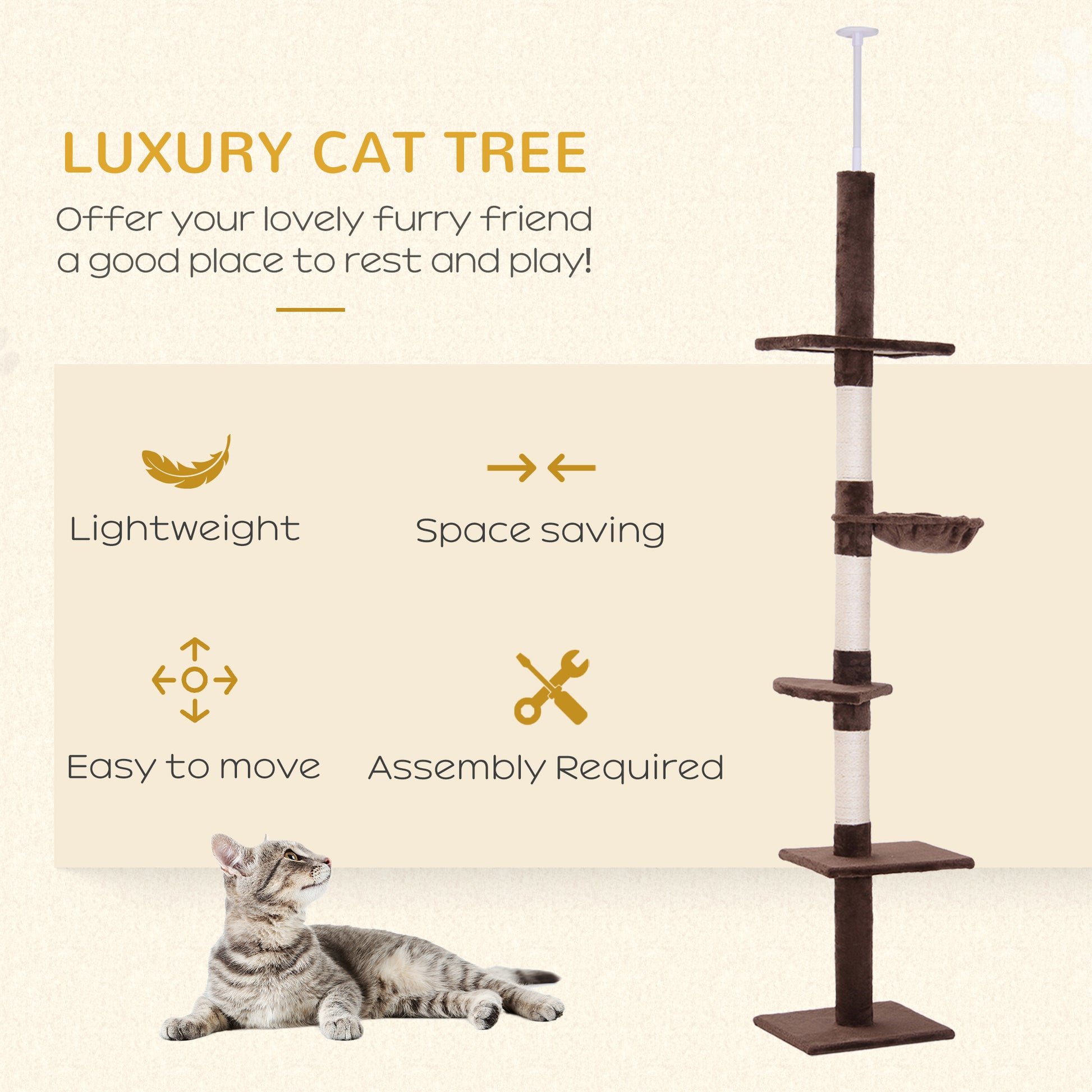 PawHut 5-Tier Floor to Ceiling Cat Tree, Tall Kitty Tower Climbing Activity Center Scratching Post Adjustable Height 230-260cm, Brown