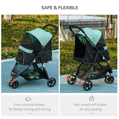 PawHut Foldable Pet Stroller with Rain Cover for XS and S-Sized Dogs Green