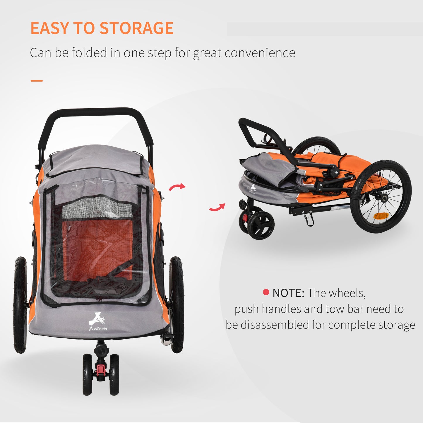 PawHut 2 IN 1 Dog Bicycle Trailer Pet Carrier Stroller 360° Rotatable Front Wheel Reflectors Parking Brake Straps Cup Holder Water Resistant Orange