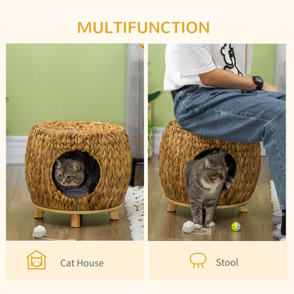 PawHut Wicker Cat Cave/House Stool with Soft Washable Cushion,Rattan Kitten Bed for Outdoor & Indoor Use? 44 x 43 x 41cm