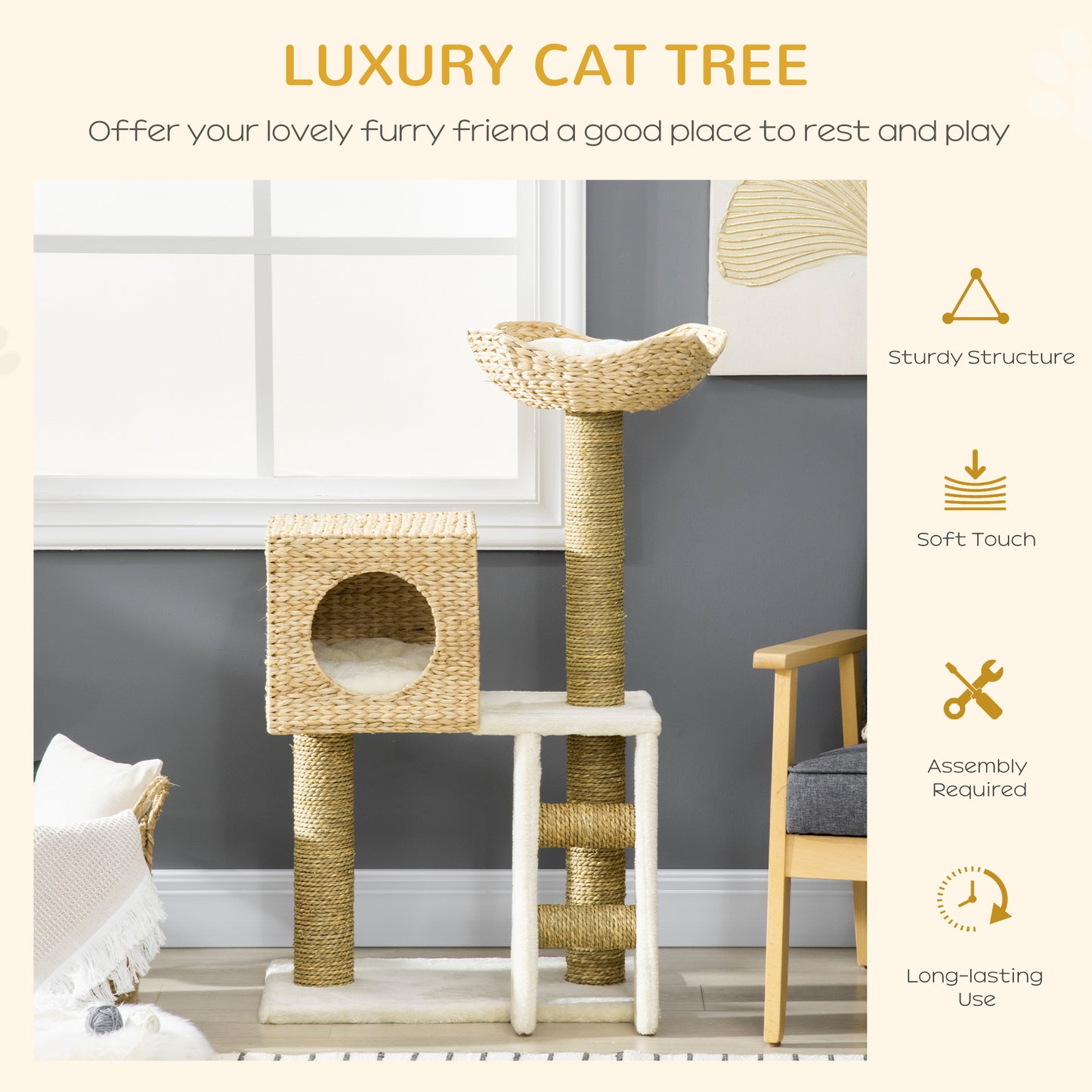 PawHut Cat Tree for Indoor Cats Kitten Tower Cattail Weave with Scratching Posts, Cat House, Bed, Ladder, Washable Cushions, Natural Finish