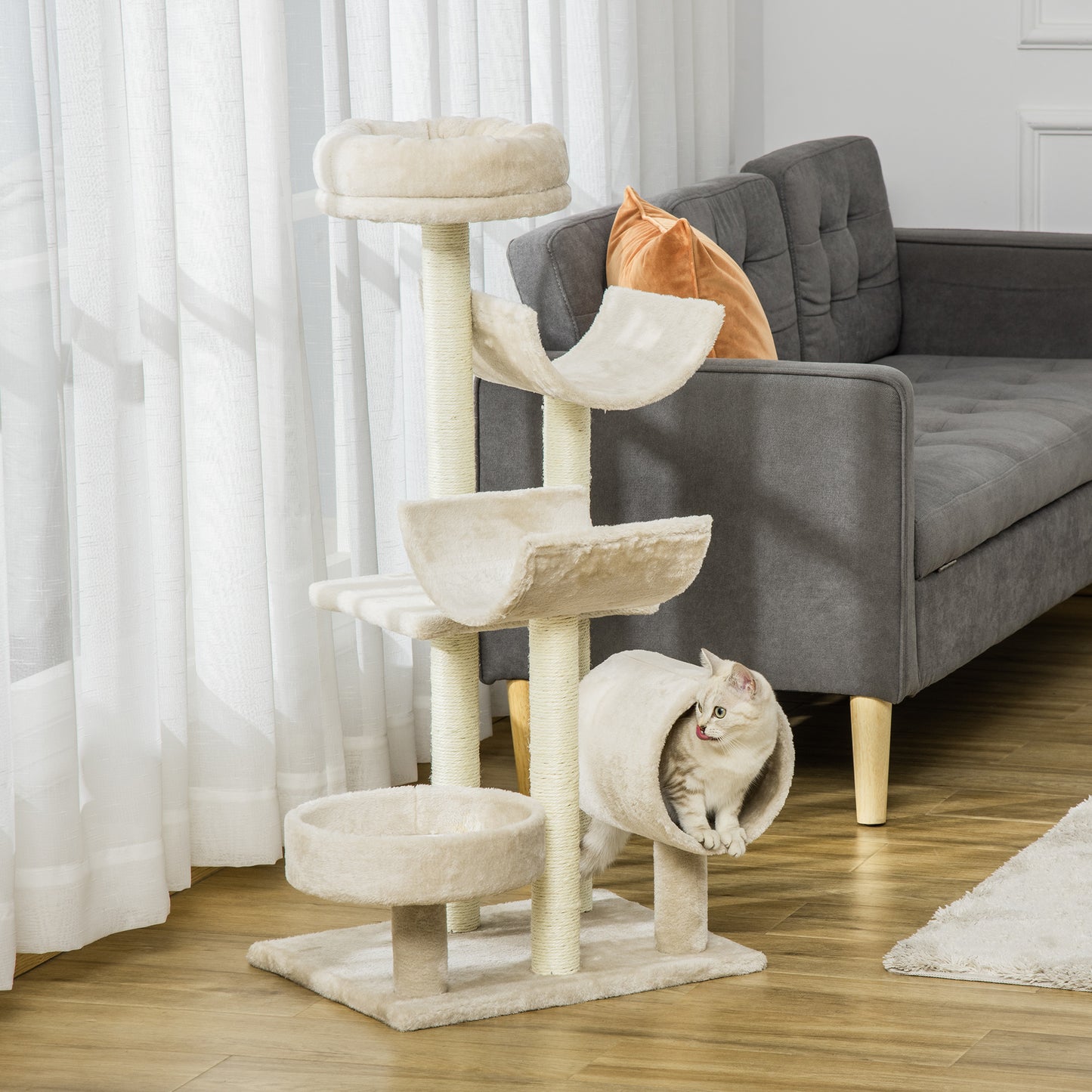 PawHut Cat Tree, Plush, 50Lx40Wx105H cm-Beige