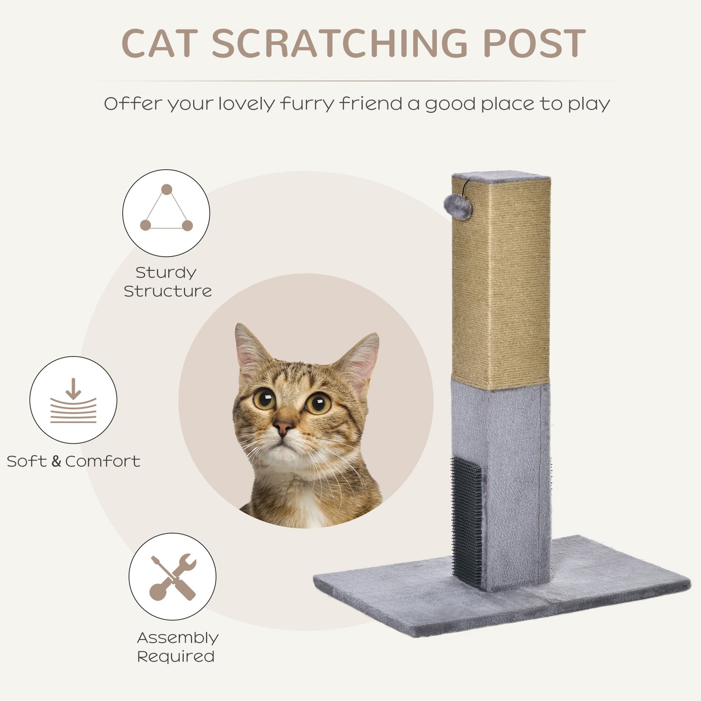 PawHut Cat Scratching Post, 79cm Tall Jute Scratcher Climber, Cat Tree Activity Center with Carpet Base, Dangling Ball, Grey