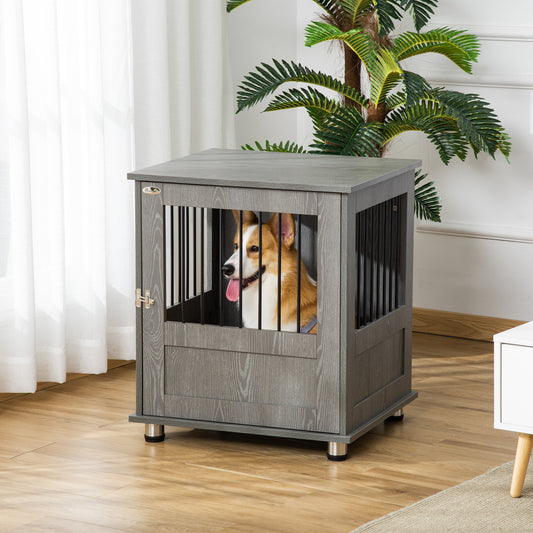 PawHut Dog Crate Furniture, Wooden End Table, Small Pet Kennel with Magnetic Door Indoor Crate Animal Cage, Grey