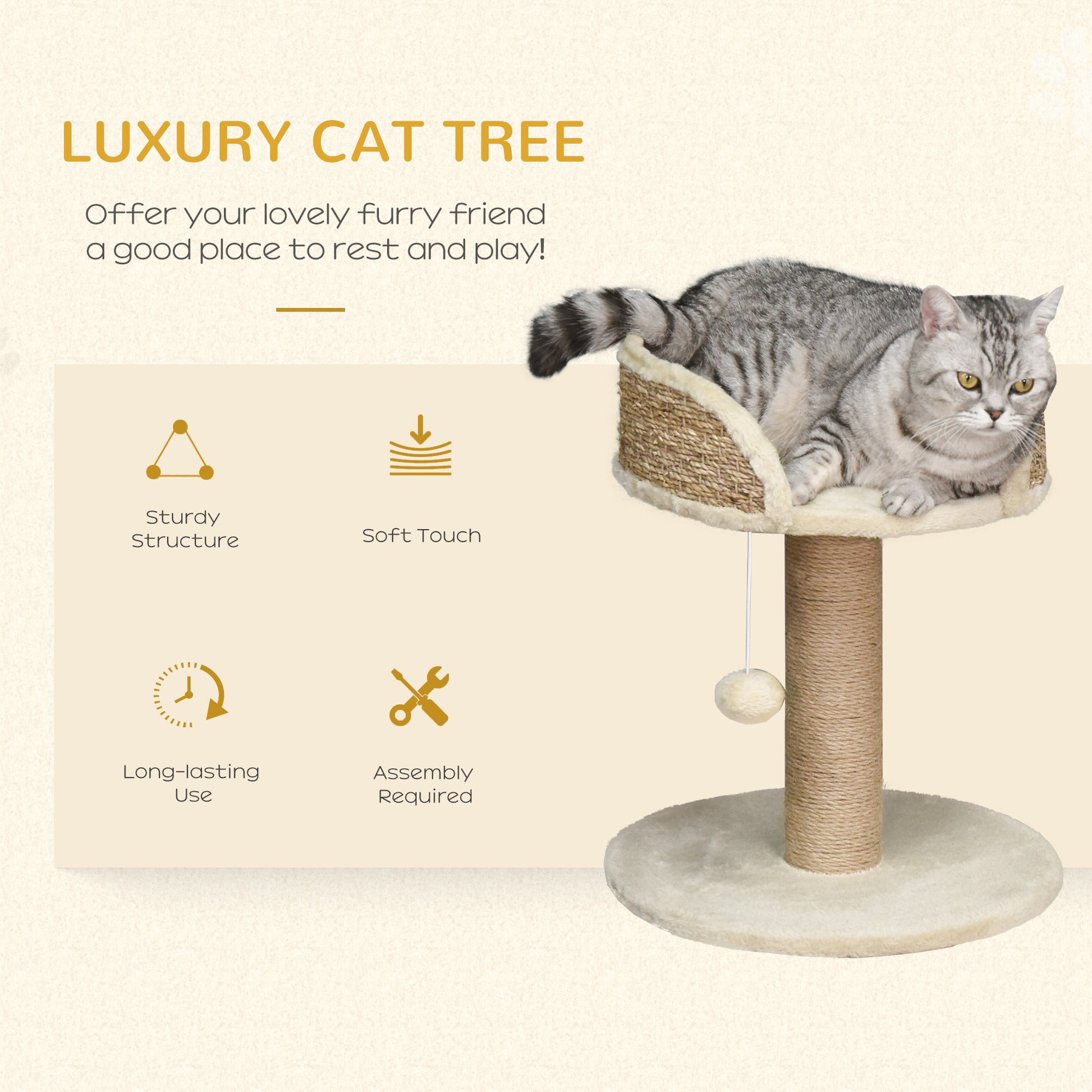 PawHut Basics Cat Tree Tower With Bed and Scratching Post,Cat Scratching Post Activity Center Kitten House with Dangling Ball Perch, Beige