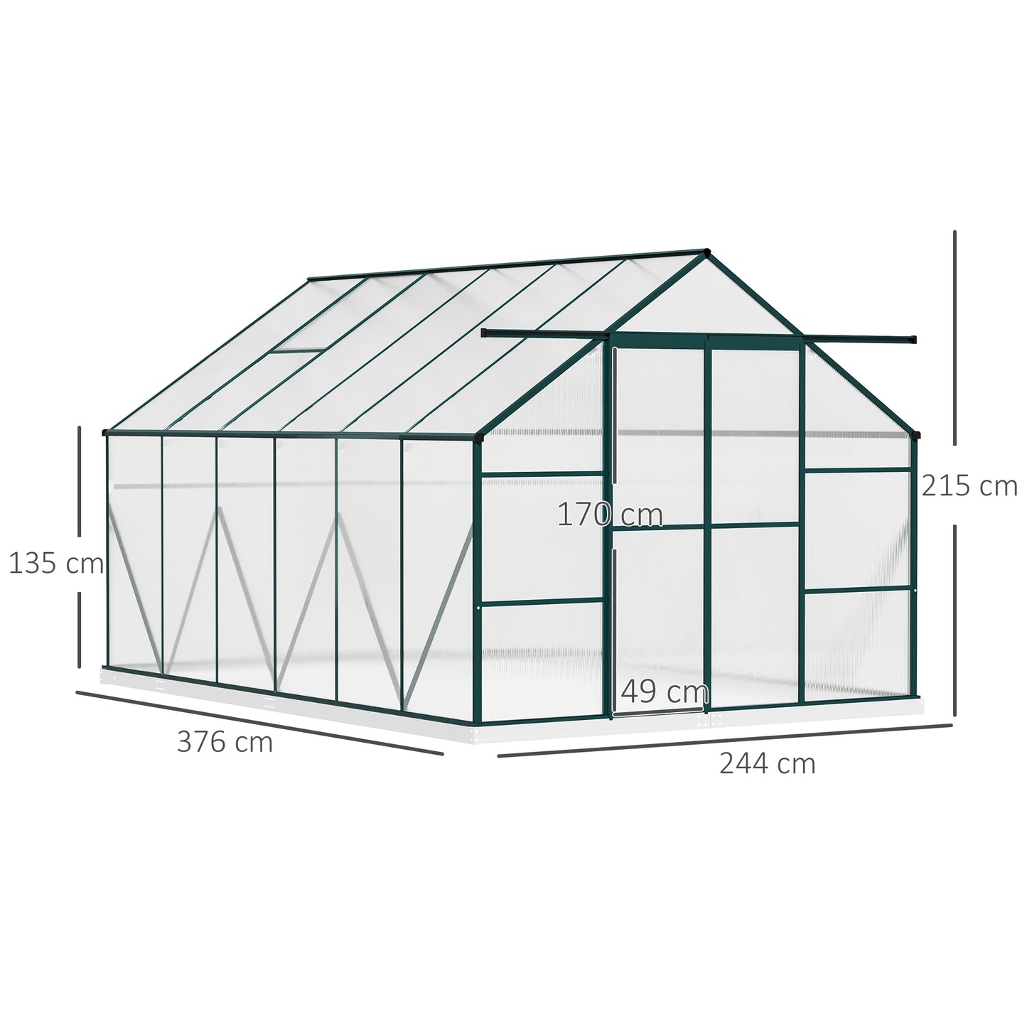 outsunny-aluminium-greenhouse-polycarbonate-walk-in-garden-greenhouse-kit-with-adjustable-roof-vent-rain-gutter-and-foundation-8-x-12ft-clear