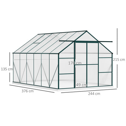 outsunny-aluminium-greenhouse-polycarbonate-walk-in-garden-greenhouse-kit-with-adjustable-roof-vent-rain-gutter-and-foundation-8-x-12ft-clear