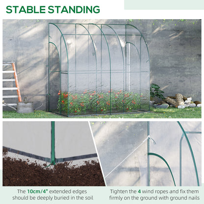 outsunny-outdoor-walk-in-lean-to-wall-tunnel-greenhouse-with-zippered-roll-up-door-pvc-cover-sloping-top-clear-green-214cm-x-118cm-x-212cm