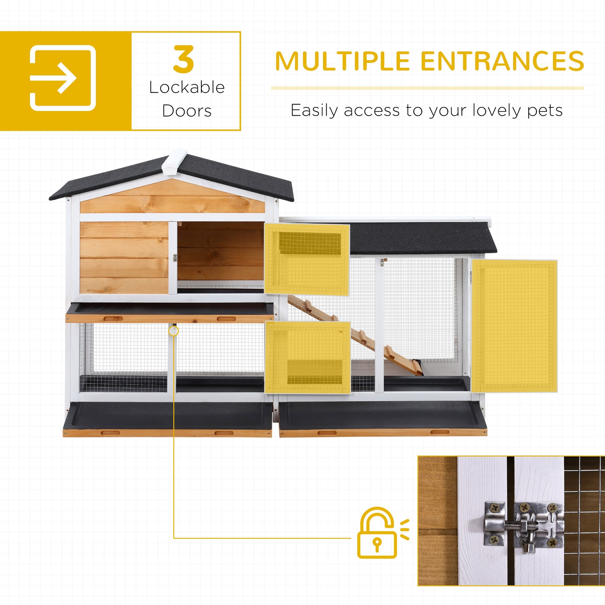 PawHut 2-Tier Rabbit Hutch Wooden Guinea Pig House Pet Cage Outdoor w/ Sliding-out Tray Ramp, 157.4x53x93.5cm, Yellow