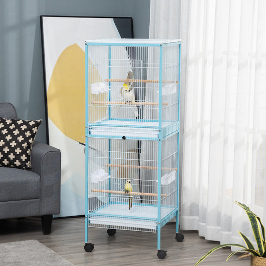 PawHut 2 In 1 Large Bird Cage Aviary for Finch Canaries, Budgies with Wheels, Slide-out Trays, Wood Perch, Food Containers, Light Blue