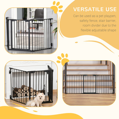 PawHut Pet Gate 3-Panel Playpen Metal Safety Fence Stair Gate For Dogs Barrier Room Divider with Walk Through Door Automatically Close Lock