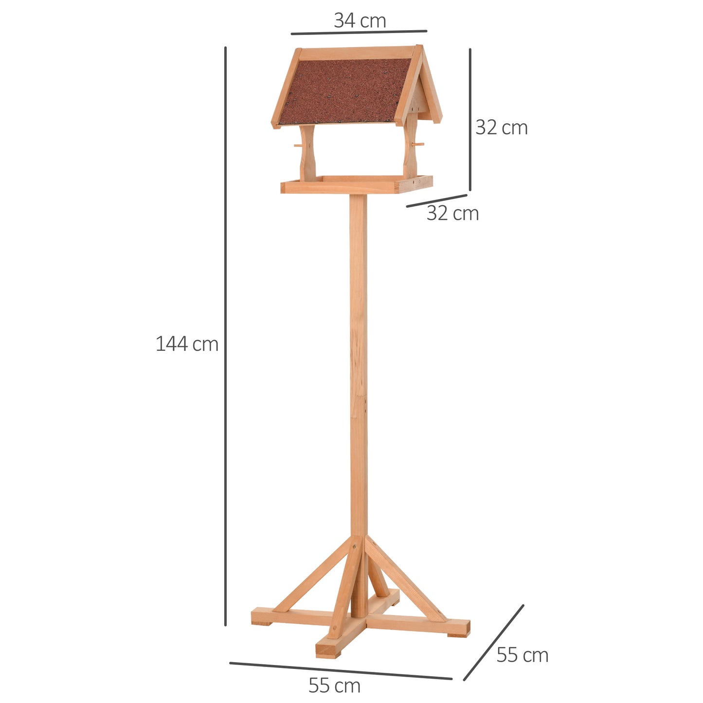 PawHut Wooden Bird Feeder Table Freestanding with Weather Resistant Roof Cross-shaped Support Feet for Backyard Pre-cut 55 x 55 x 144cm Natural