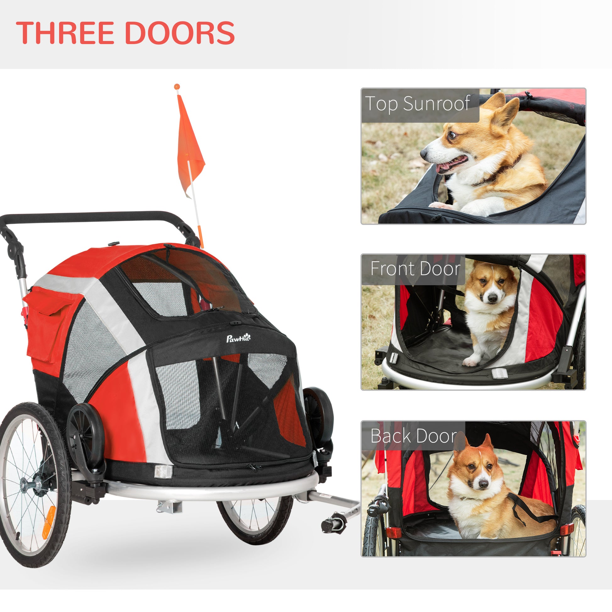 PawHut Dog Bike Trailer, Two-In-One Foldable Pet Bike Trailer w/ Safety Leash, Flag, for Small Cats, Puppies, Camping, Hiking - Red