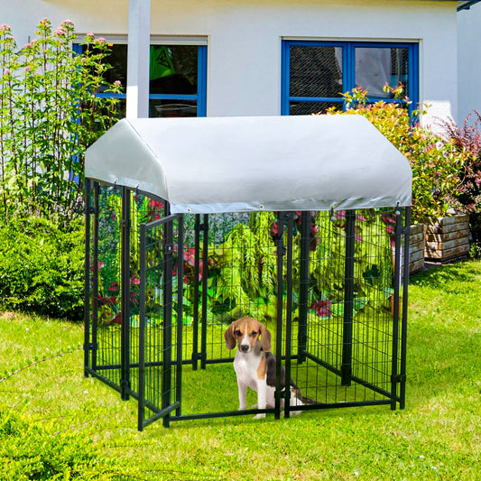 PawHut Outdoor Dog Kennel, Dog Run with UV-Resistant Canopy & Lockable Design, Metal Playpen Fence for Small and Medium Dogs, 120 x 120 x 138 cm