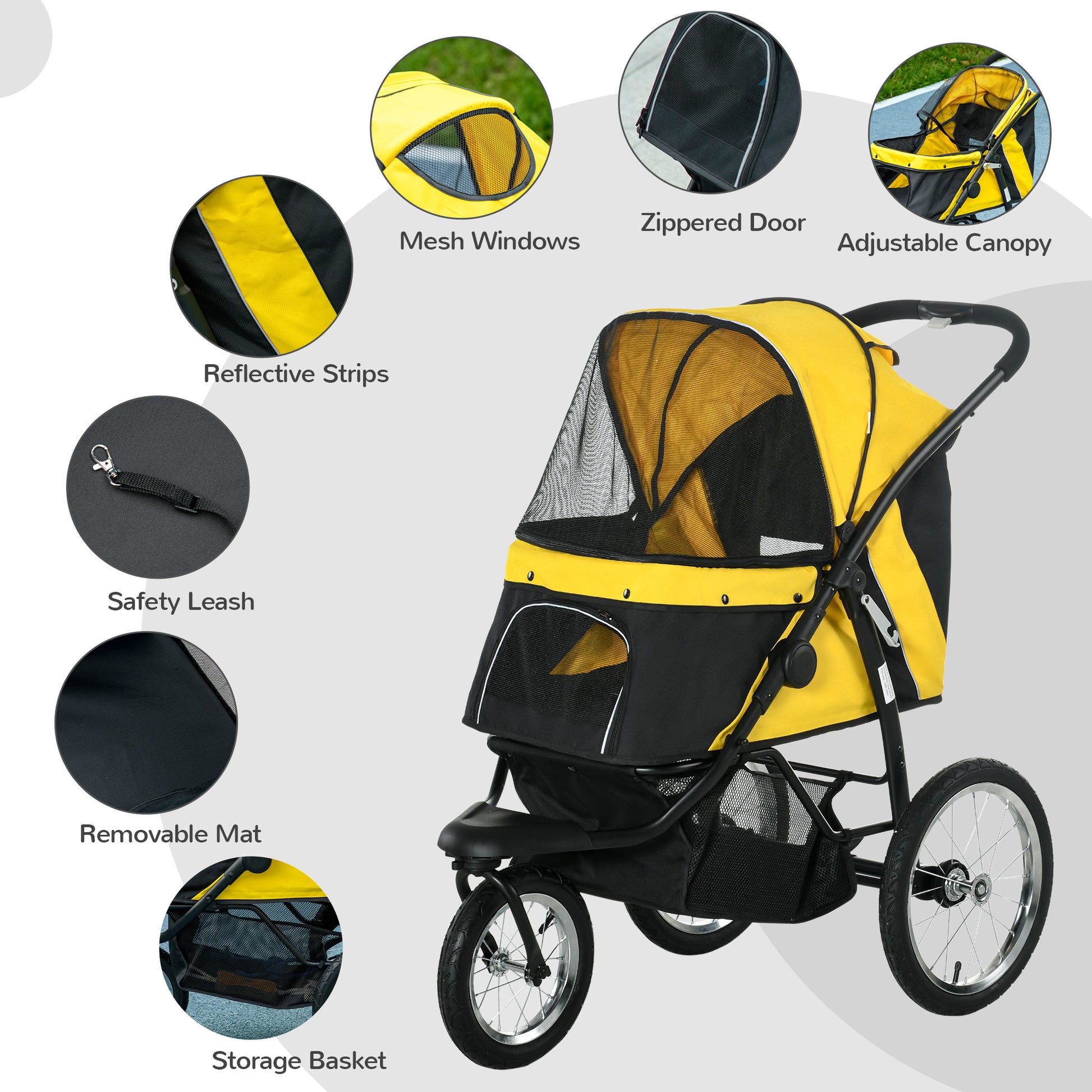 PawHut Pet Stroller Jogger for Medium, Small Dogs, Foldable Cat Pram Dog Pushchair w/ Adjustable Canopy, 3 Big Wheels - Yellow