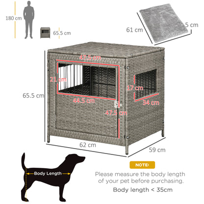 PawHut Wicker Dog Cage, Dog Crate with Lockable Door and Soft Washable Cushion for Small Sized Dogs, 62 x 59 x 66 cm, Grey