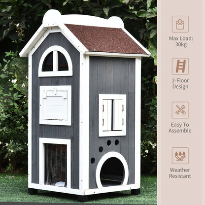 PawHut Wooden Cat House, Weatherproof Pet Shelter, Outdoor Cat Condos Cave, 2 Floor Furniture, Grey and White