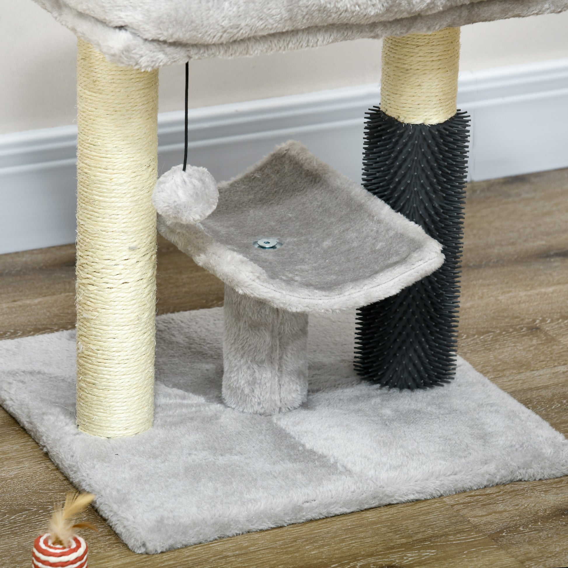 PawHut 48cm Cat Tree, Cat Tower with Cat Self Groomer Cat Scratching Post with Hanging Ball, Self Groomer and Perches, Grey