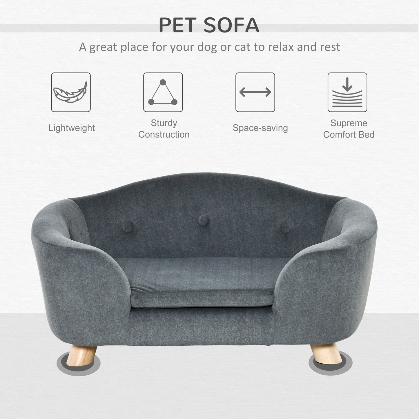 PawHut Pet Sofa, Dog Bed Couch, Puppy Kitten Lounge, with Wooden Frame, Short Plush Cover, Washable Cushion, for Small Dog, 70 x 47 x 30 cm, Grey