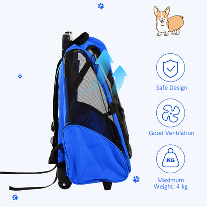 PawHut Pet Carrier Travel Backpack Bag Cat Carrier Puppy Dog Bag w/ Trolley, Telescopic Handle Portable Stroller Wheel, 42 x 25 x 55 cm, Blue