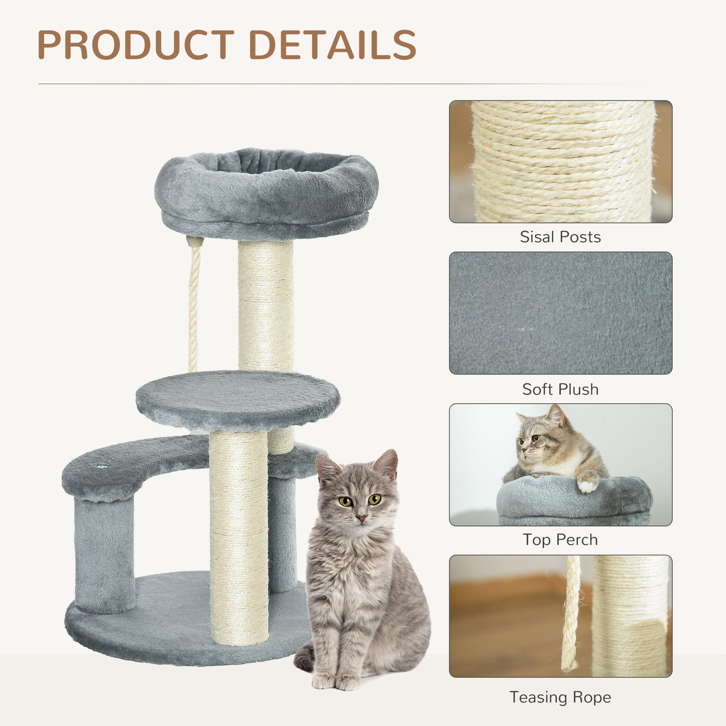 Pawhut 65 cm Cat Tree Kitty Scratcher Kitten Activity Center Scratching Post Playhouse 2 Perch w/Hanging Sisal Rope Grey