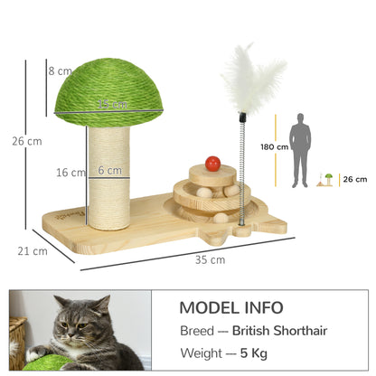 PawHut Mushroom-Shaped Cat Scratching Post, with Toy Balls, Feather for Indoor Cats, 35 x 21 x 26cm - Natural Tone