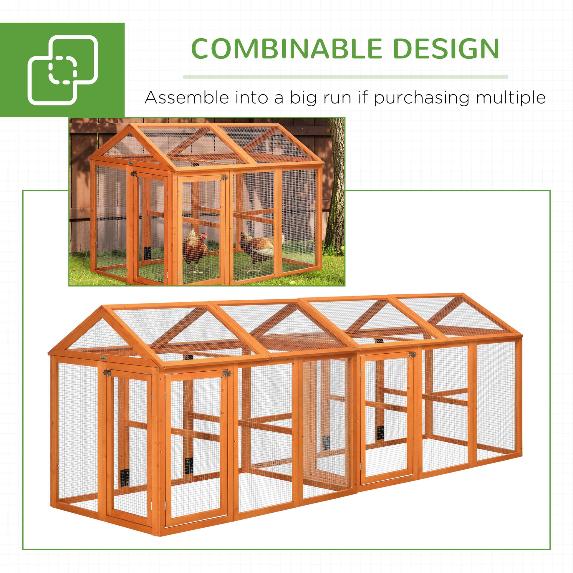 PawHut Chicken Run Coop, Wooden Chicken House for 1-3 Chickens, Hen House Duck Pen Outdoor w/ Combinable Design, Orange