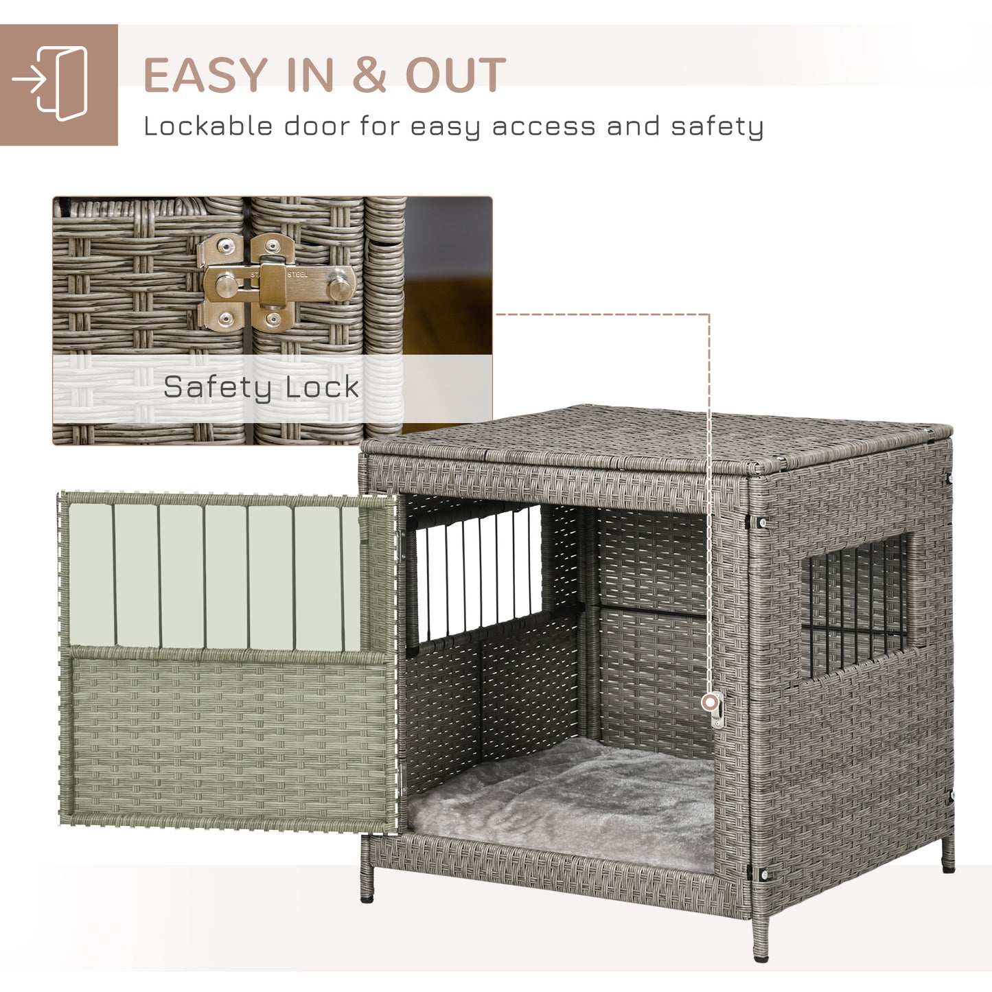 PawHut Wicker Dog Cage, Dog Crate with Lockable Door and Soft Washable Cushion for Small Sized Dogs, 62 x 59 x 66 cm, Grey